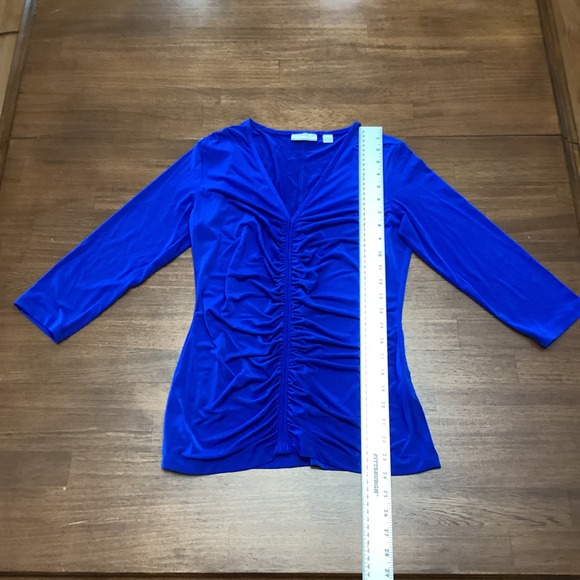 New York & Company Royal Blue Ruched V-Neck Bodycon 3/4 Sleeve Top Small - Picture 2 of 9